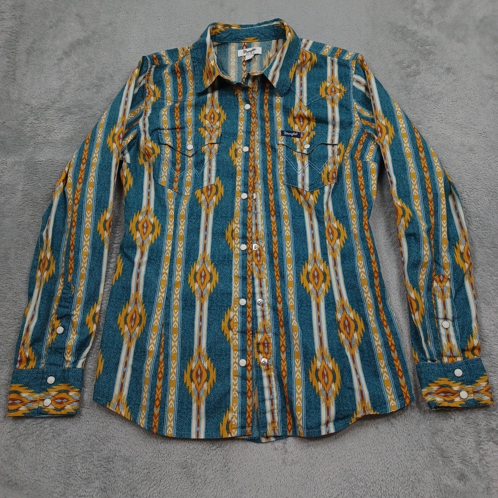 Wrangler Shirt Womens Small Blue Aztec Southwester Pearl Snap Western Cowgirl